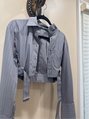 Zara Light Gray Pinstripe Cropped Shirt Jacket